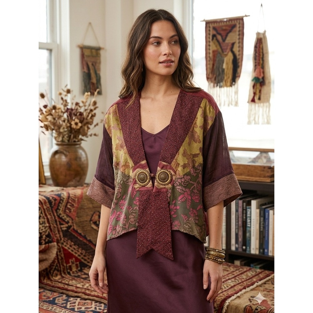 Sterling Styles Patchwork Open Front Kimono Jacket Women's One Size Boho Rayon